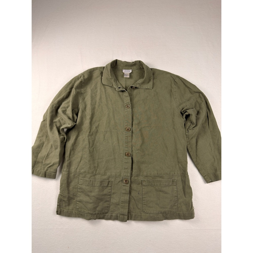 Jennifer Moore Women Olive Green Linen Cotton Button Front Utility Shirt Large